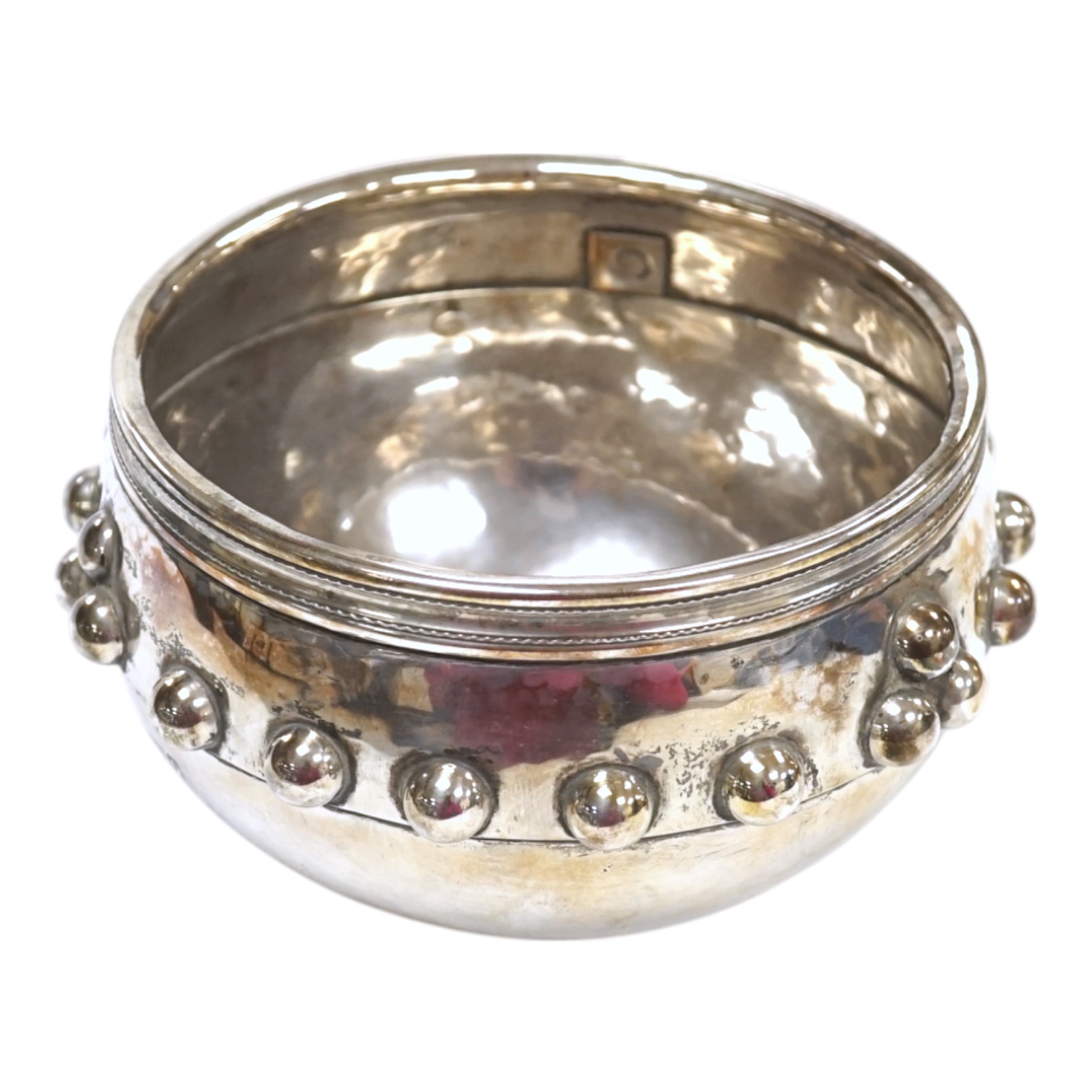 A late Victorian Arts and Crafts silver bowl, with studded band, maker SS, Chester, 1899, diameter 11.2cm, 8.4oz. Condition - fair to good